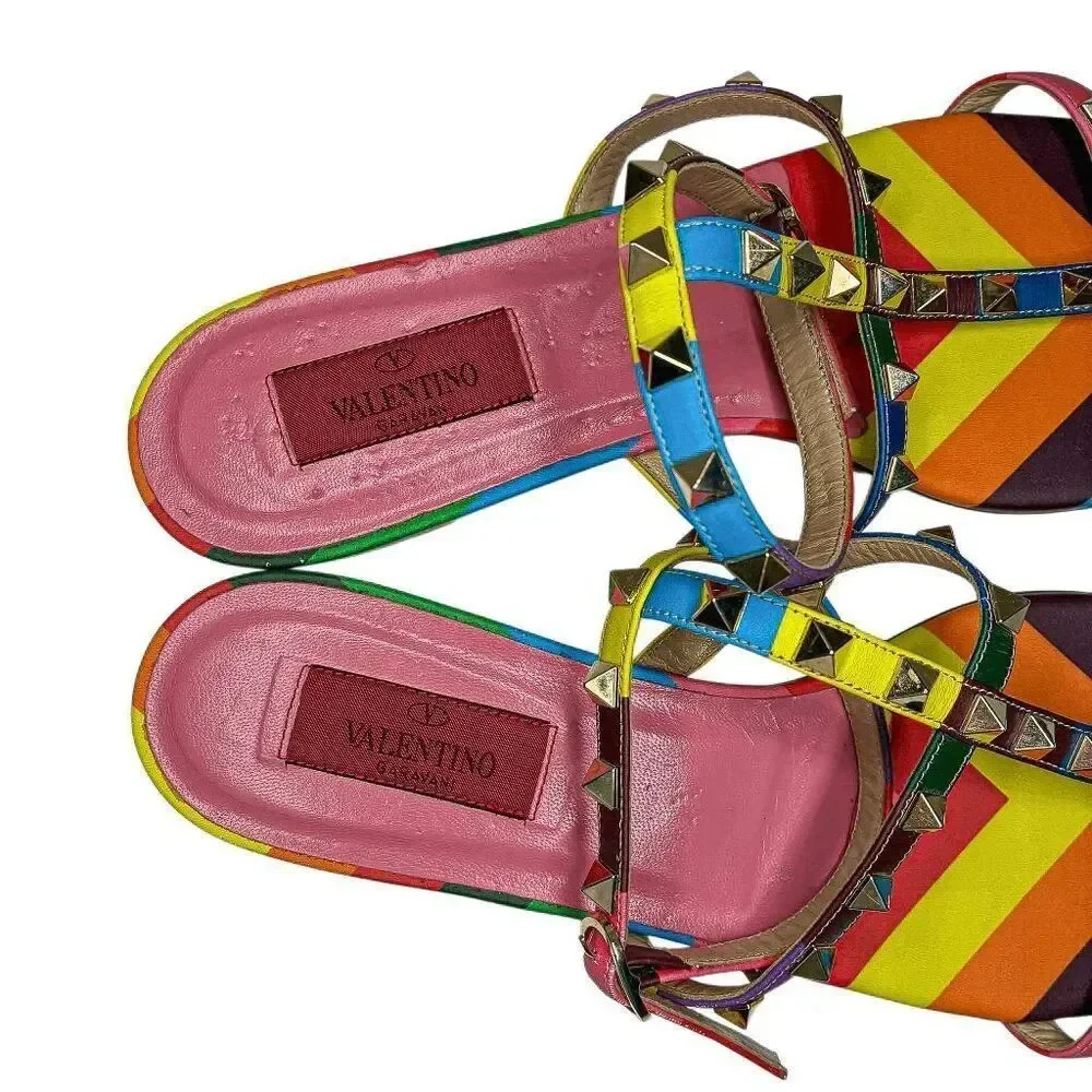 Valentino Multicolor Rockstud Gladiator Rainbow Leather Flat Caged Sandals EU 40